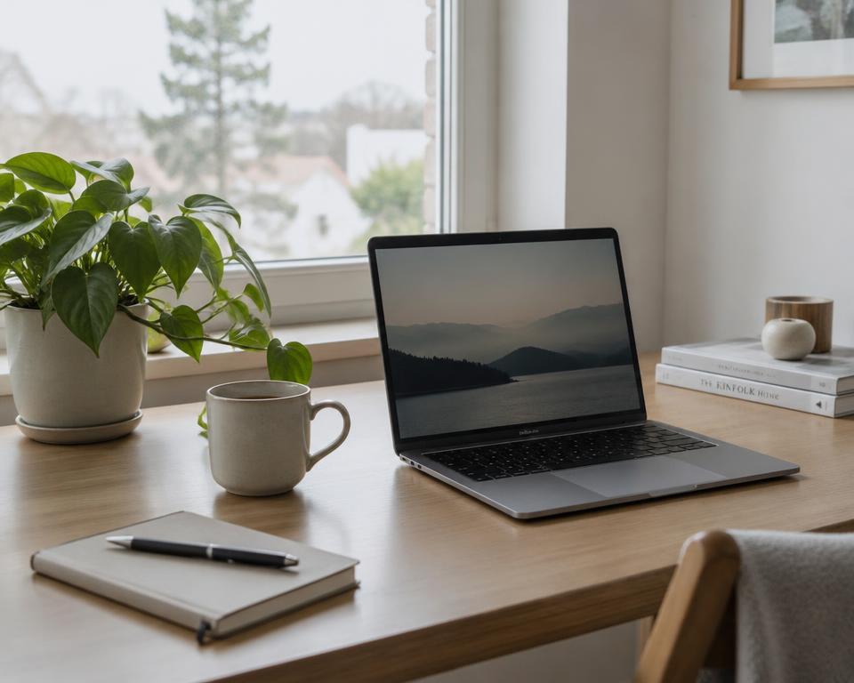 Rustige werkplek met laptop, koffiemok en plant